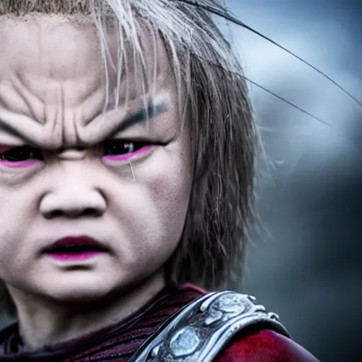 Prompt: justin sun as chucky in game of thrones, 4 k, epic, cinematic, focus, movie still, fantasy, serious, extreme detail, atmospheric, dark colour, sharp focus