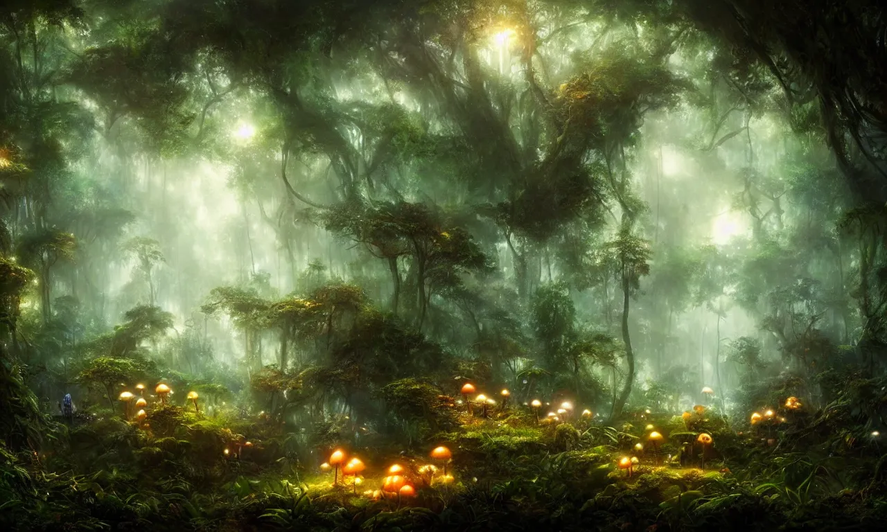 Image similar to glowing mushrooms in the jungle. andreas achenbach, artgerm, mikko lagerstedt, zack snyder, tokujin yoshioka