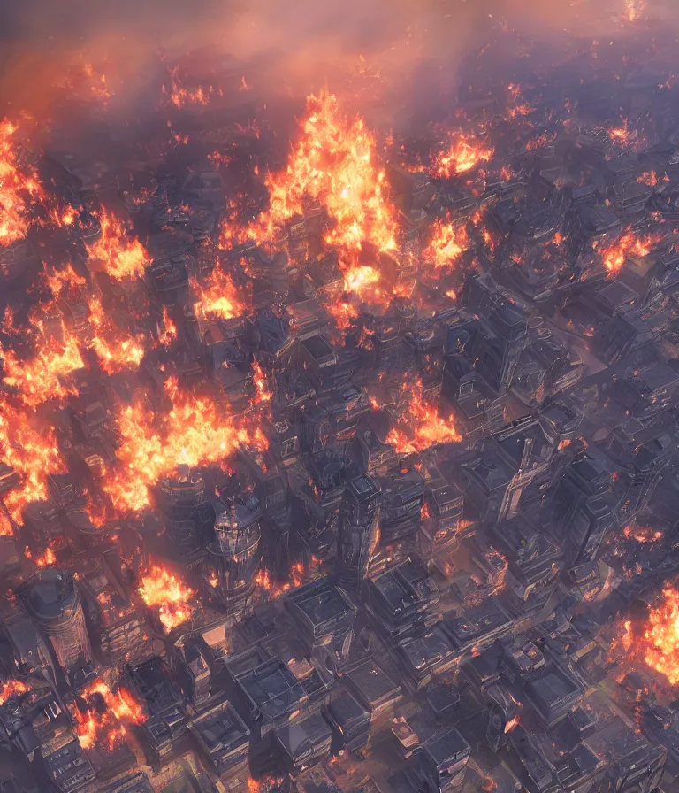 Image similar to a beautiful hyperrealistic detailed 3D render of manchester burning, by Anton Otto Fischer, Atey Ghailan, genzoman, unreal engine, octane render, gigantic, 3D, brilliantly coloured, intricate, ultra wide angle, trending on artstation, embers, smoke, dust, dusk, volumetric lighting, HDR, polished, micro details, ray tracing, 8k