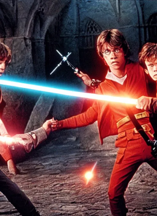 Image similar to Brutal combat Harry Potter vs Luke Skywalker. Film still. Harry Potter on the left side and Luke Skywalker with red light saber on the right side in Hogwarts near a broken X-wing ship, high detail