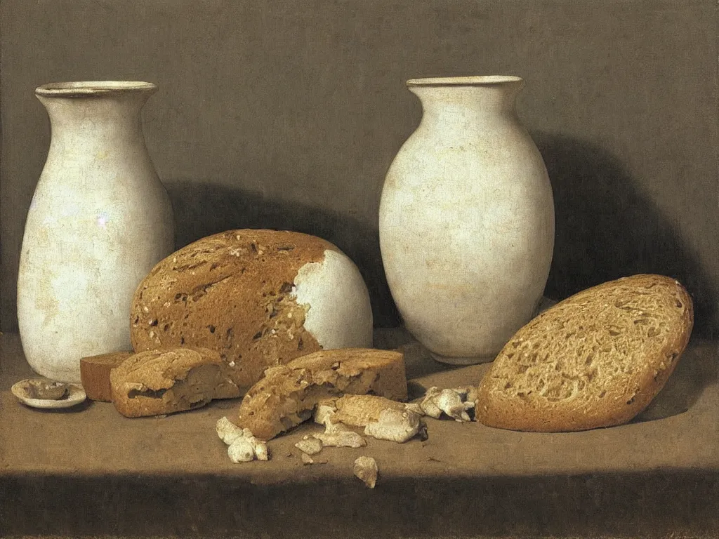 Prompt: Still life with moldy bread, fungus, white vase, ceramic pot. Painting by Zurbaran, Hammershoi, Morandi