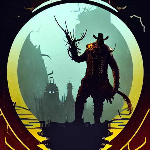 Image similar to an ultra detailed vector image of a big daddy from bioshock dressed as the hunter from bloodborne, concept art by alphonse mucha and greg rutkowski, scary shadows, blood moon eclipse, polaroid octane render, laminal space