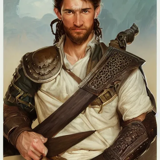 Image similar to portrait of a young rugged ranger holding his longsword up, hands, muscular, upper body, D&D, fantasy, intricate, elegant, highly detailed, digital painting, artstation, concept art, smooth, sharp focus, illustration, art by Artgerm and Greg Rutkowski and Alphonse Mucha