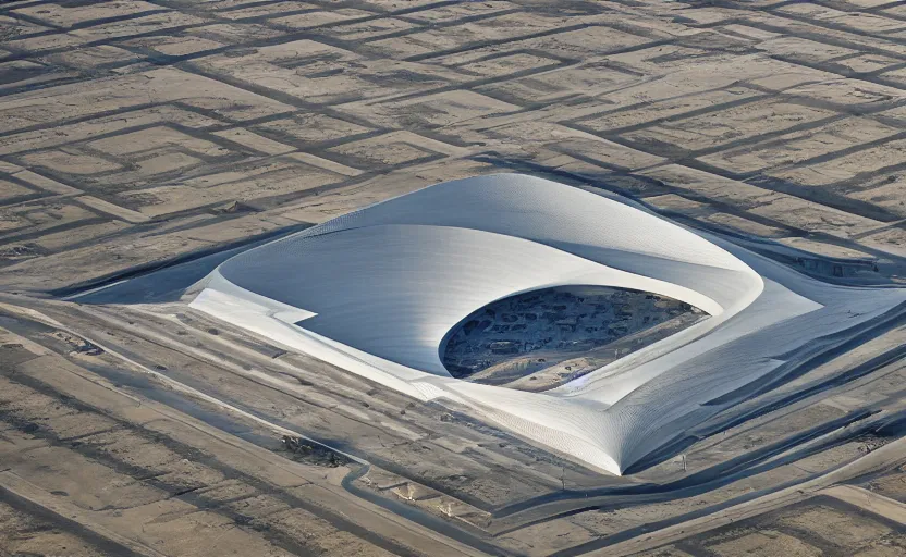 Image similar to parametric structure, medical complex, in the desert beside the gulf, view from above, design by anish kapoor, dezeen, architectural photography