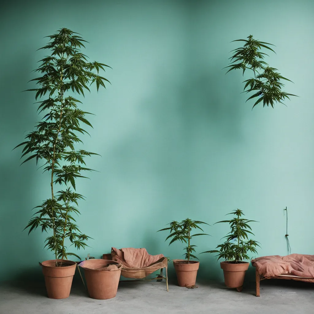 Image similar to large single cannabis plant in a pot grows to the ceiling, kodak portra 4 0 0, 8 k, shot of a highly detailed, britt marling style, colour still - life portrait of a large minimalistic room, rough concrete walls, a single rough carved wooden teal, with comfortable beanbags, muted colours