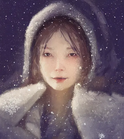 Image similar to face portrait of a beautiful girl in a coat, close portrait, snow - covered small house in a background, night, stars in the sky, the milky way in the sky, winter landscape, painting by craig mullins, octane rendering, wide angle lens, in the style of hayao miyazaki, trending on artstation,