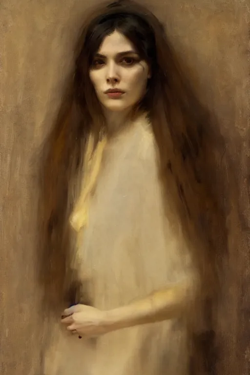 Image similar to Richard Schmid and Jeremy Lipking and Roberto Ferri full length portrait painting of a young beautiful priestess woman