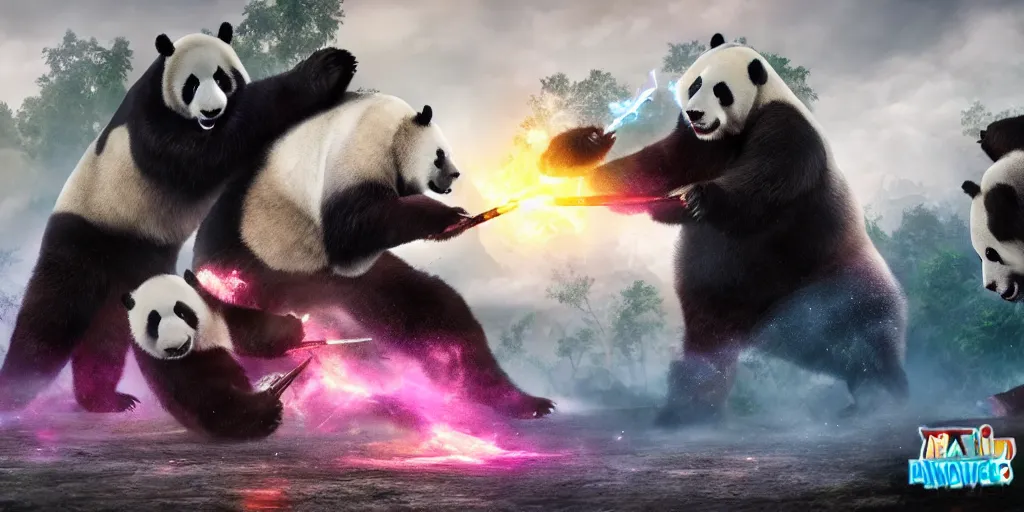 Image similar to giant pandas fighting vs magic unicorns, fantasy apocalypse, digital art, epic battle, unreal engine 5, 4 k,