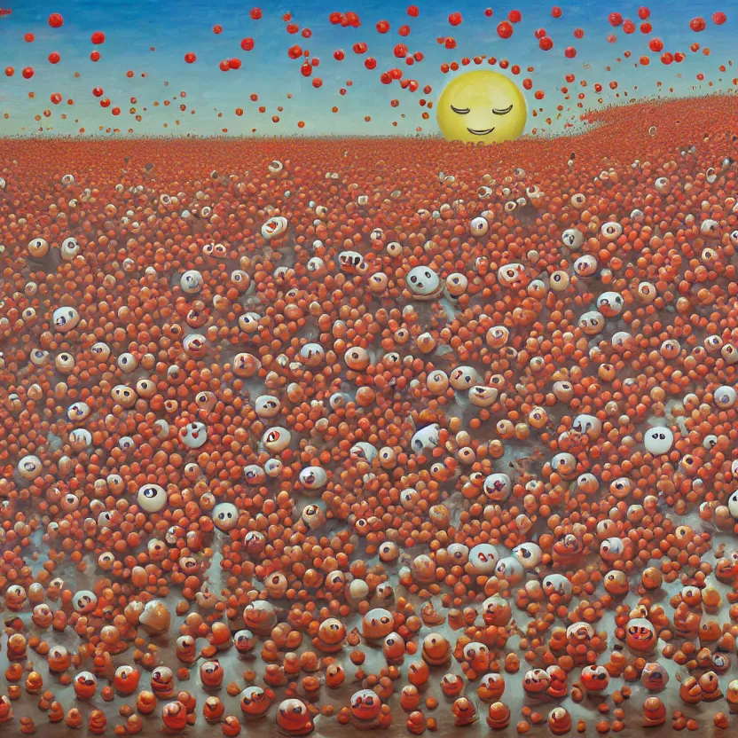 Prompt: a funny high resolution oil painting with dirty old brush of a lazy red burning and melting tomatos with to many googly eyes on a sunset beach to hot for the sun, big piles of strawberry icecream in cones falling from the sky by james jean and fernando botero