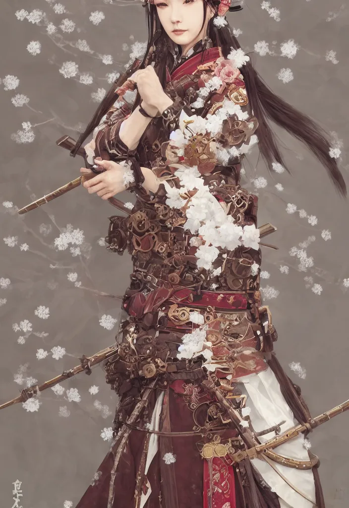 Image similar to detailed portrait of steampunk girl samurai with tachi and cross bow combat pose in snow forest sakura cherry blossom swan hakama kimono trending on artstation elite, elegant, luxury, by krenz cushart greg rutkowski alexandros, perfect face, fine details, realistic shaded, fine - face, pretty face