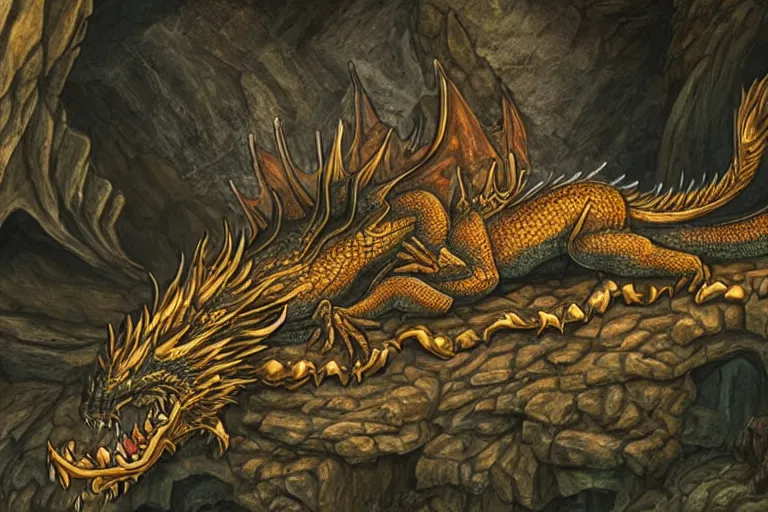 Prompt: a sleeping dragon on a mountain of treasure in a big cavern