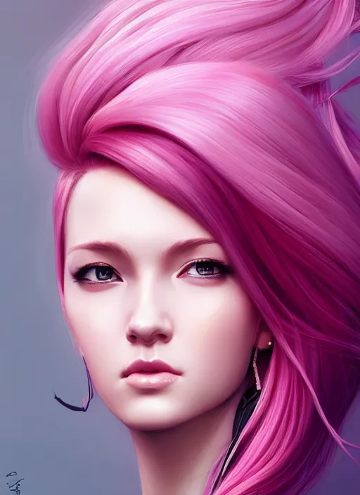 Image similar to photo of a gorgeous young woman with pink hair, in the style of stefan kostic, realistic, sharp focus, 8k high definition, insanely detailed, intricate, elegant, art by stanley lau and artgerm