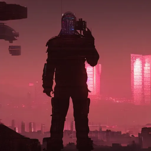 Image similar to cyberpunk landscape with a solo figure in the foreground, volumetric lighting