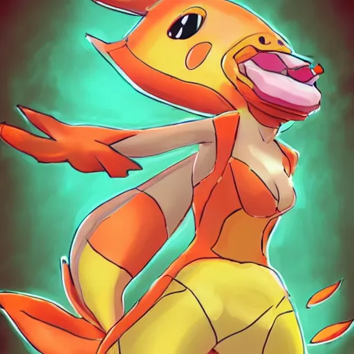 Image similar to A magikarp pokemon fish wearing fishnet leggings and high heels. their head looks like a magikarp pokemon fish. trending on artstation