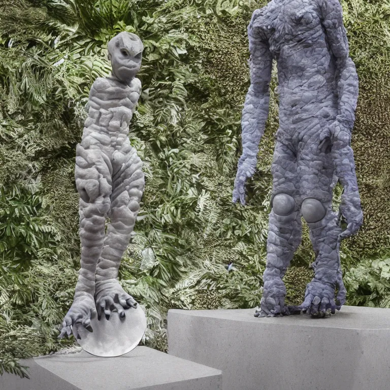 Prompt: hyperrealistic sculpture of a stone fossilized chibi ultraman kaiju dusted with opalescent spraypaint and ferns in a nylon grid cage on a pedestal by ron mueck and duane hanson and lee bontecou, hyperrealistic dramatic colored lighting trending on artstation 8 k