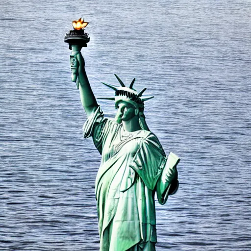 Prompt: a reflection of the statue of liberty in a body of water