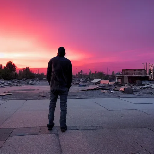 Prompt: man watching a ruined post-apocalyptic city under red sky