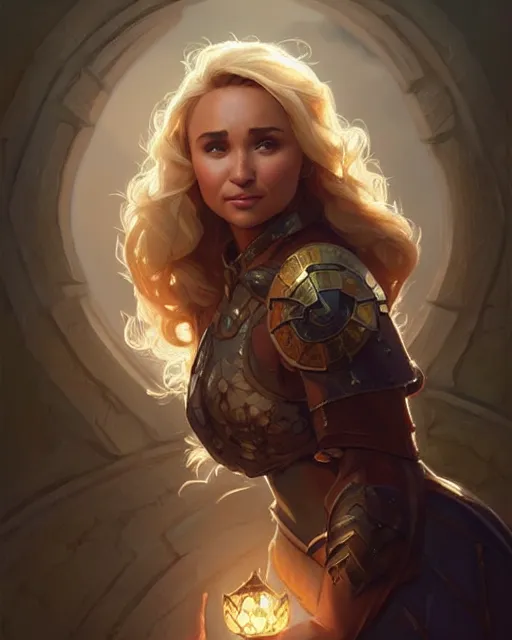 Image similar to Hayden Panettiere, D&D, fantasy, intricate, elegant, highly detailed, digital painting, artstation, concept art, matte, sharp focus, illustration, hearthstone, art by Artgerm and Greg Rutkowski and Alphonse Mucha