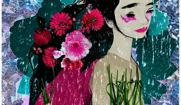 Prompt: ill bring u flowers in the pouring rain, shojo, collage, mixed media
