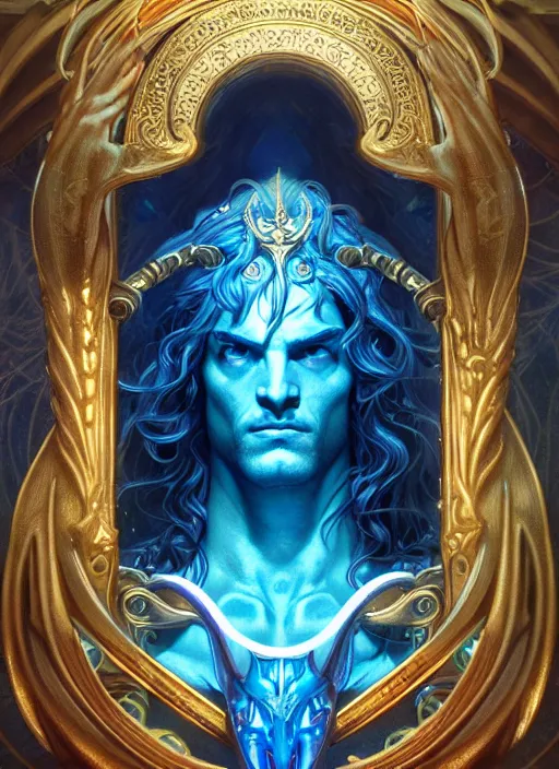 Prompt: the god poseidon with trident, glowing eyes, volumetric lights, blue and cyan scheme, art nouveau botanicals, gothic, intricate, highly detailed, digital painting, artstation, concept art, smooth, sharp focus, symmetric face, illustration, art by artgerm and greg rutkowski and alphonse mucha