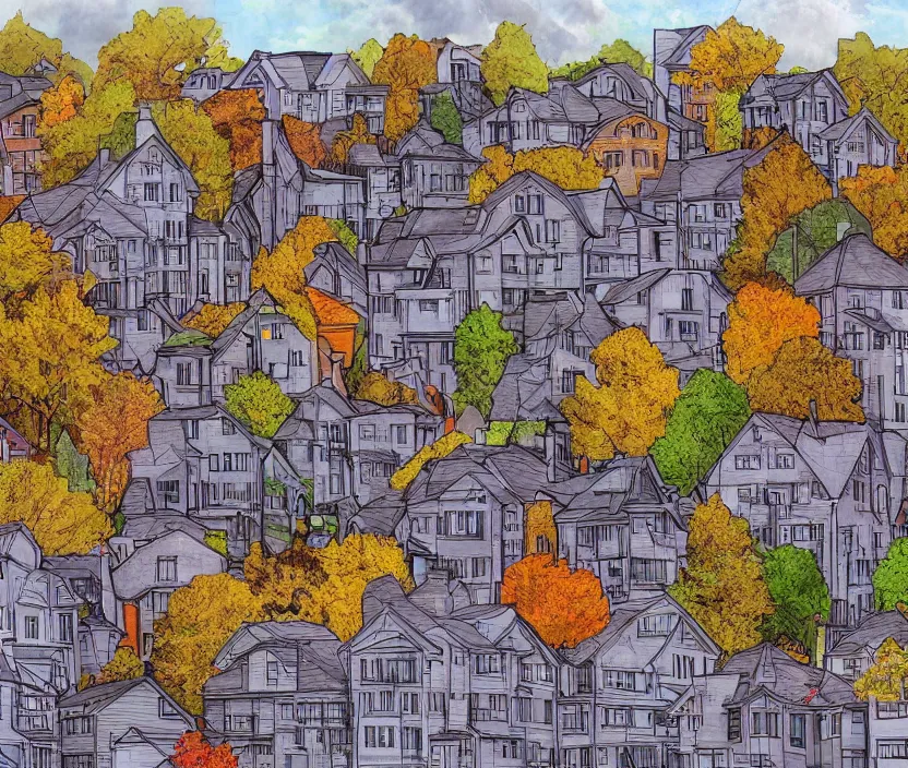 Image similar to A small neighborhood with tall houses in the fall months, rotoscoped, rotoscope, photoshop, photomanipulation, realism, painting, illustration and sketch, weird scribbles, hybrid styles, hybrid art styles, mismatched, trending on artstation, trending on deviantart, weird, quirky, interesting, very detailed, highly detailed, HD Quality, 4k resolution, 8k resolution, colored with orange brown yellow and red, in the style of David Firth, in the style of James Lee, in the style of Drue Langlois,