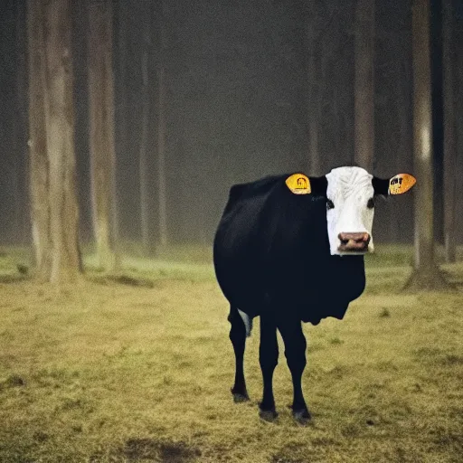 Image similar to low quality photograph of a cow looking at the camera at night, dark, creepy mood, dark forest, low lighting