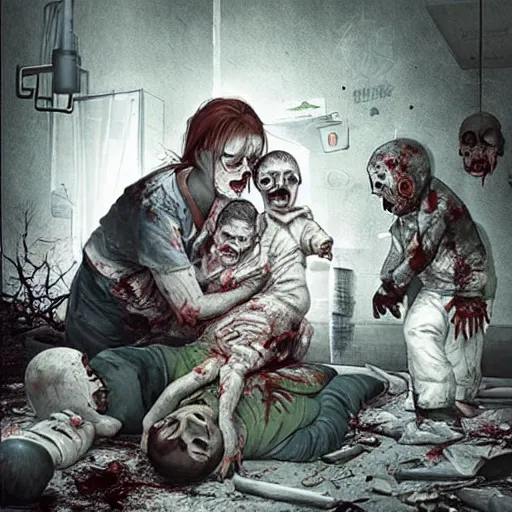 Image similar to “ sensual nurse treating zombie childs in a destroyed hospital, fantasy, artwork ”