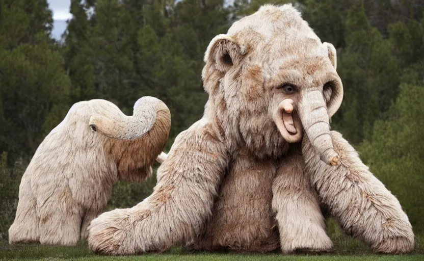 Image similar to Donald Trump in a baby mammoth costume , with an open face