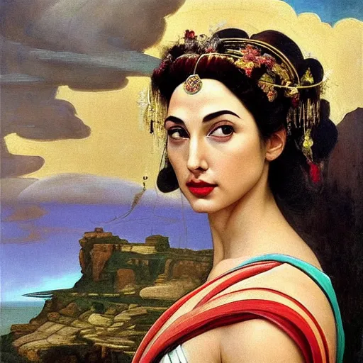 Image similar to Head and shoulders masterpiece portrait oil painting of the beautiful goddess Gal Gadot as Geisha, she is wearing roman clothes and a surreal jewelry, her hair is natural disheveled, she is approaching heaven over the clouds, naturalism, dramatic lighting, high-detailed oil painting by Ilya Repin, Michelangelo da Caravaggio, William Blake, Alex Grey and Beksinski, trending on Artsation, hystorical painting, naturalism, masterpiece, 4k, 8k,