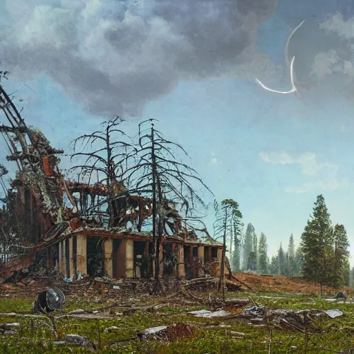 Prompt: a ivan shishkin and simon stalenhag photo of a ruined building under an enormous robot, the sky is cloudy. the moon is full.