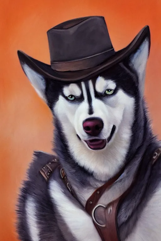 Image similar to a portrait painting of a husky in cowboy costume, a fistful of dollars, character design, anime, furry, humanoid, personify, anthropomorphic