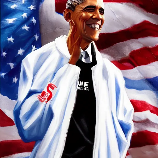 Image similar to an oil painting of barack obama wearing the supreme drip jacket, by artgerm, hd, hdr, ue 5, ue 6, unreal engine 5, realistic anime 3 d style, cinematic 4 k wallpaper, 8 k, ultra detailed, gta cover art, high resolution, artstation, award winning