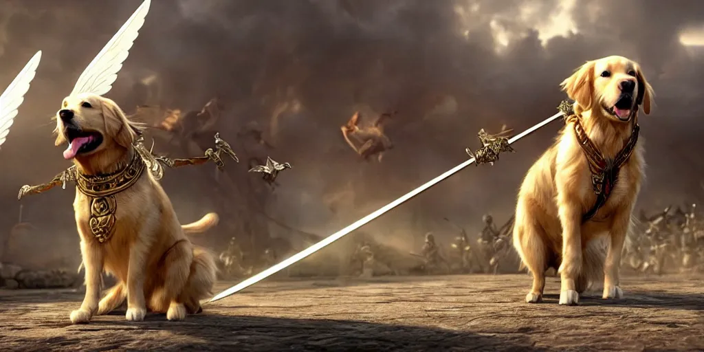 Prompt: golden retriever in medieval armor with wings and sword fighting against samurai cat in japanese samurai armor with catana, photorealistic ultra detail quality shot from james cameron movie