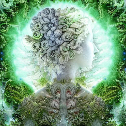 Image similar to an idealistic marble statue with fractal flowery hair in a fractal garden, glowing delicate flower and mushrooms that grow in a dark fatansy forest on the planet Pandora,, symmetrical,