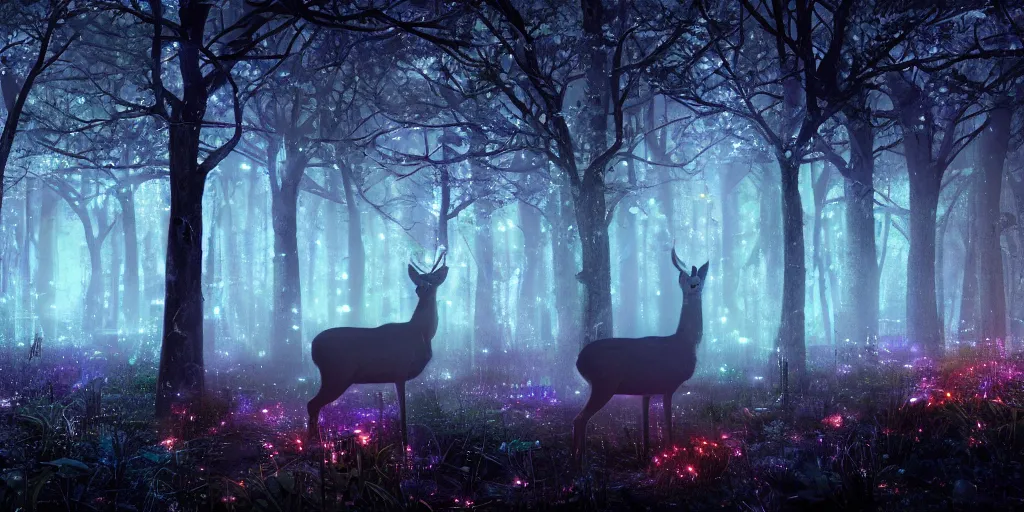 Image similar to a single deer in an ethereal electronic forest made from glowing circuits and electronics, highly detailed concept art, cinematic framing, 3 d, dark, moody, led