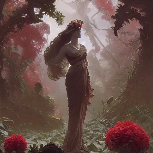 Image similar to goddesses, full body, blood everywhere, bay leafes, tendrils, flowers, intricate, elegant, highly detailed, digital painting, artstation, concept art, smooth, sharp focus, illustration, art by artgerm and greg rutkowski and and william - adolphe bouguereau and stephanie law