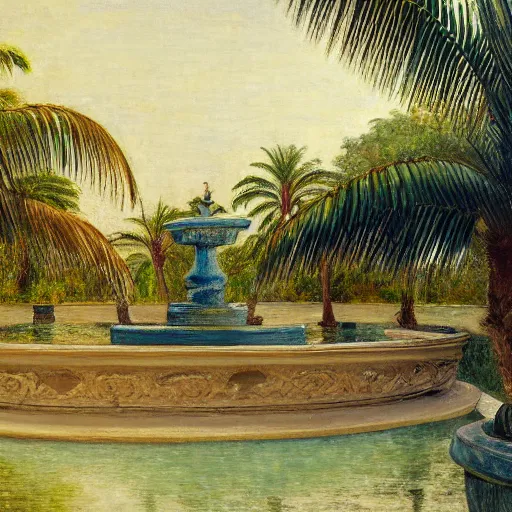 Image similar to a ultradetailed beautiful painting of a old fountain in the amazonas palace balustrade designed by jules bastien - lepage, tarsila do amaral, frank weston and gustave baumann, beach, trending on artstation, mediterranean, palm trees, sharp focus, soft light, 8 k 4 k