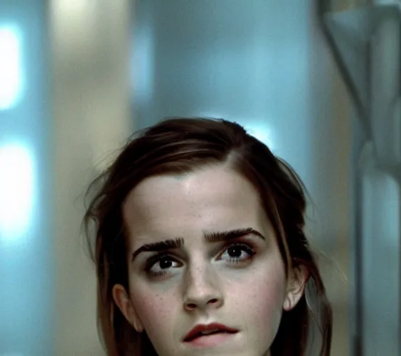 Prompt: color still shot of emma watson in film total recall, face closeup,