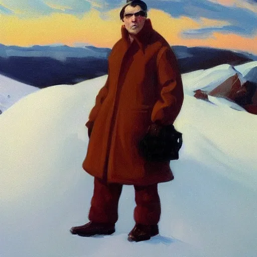 Prompt: a brown haired man wearing a snow suit, detailed, edward hopper, trending on artstation,