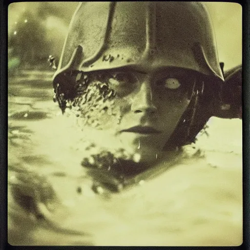 Prompt: film still, close up, emma watson rising out of muddy vietnam river, face covered in mud, combat helmet, low camera angle at water level, night time, film still from apocalypse now ( 1 9 7 9 ), 2 6 mm polaroid polaroid polaroid polaroid polaroid expired expired expired,