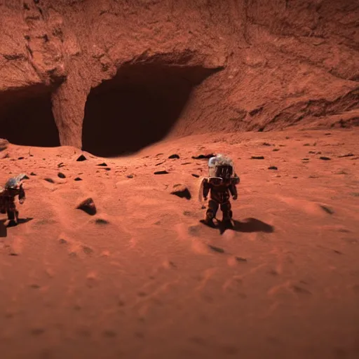 Image similar to mars occupied by humans. humans just arrived on they ship. first ship just arrived. aliens hide in the cave and watch the human. aliens are angry. 3 d, ultrarealistic, 8 k, cg, ue 5