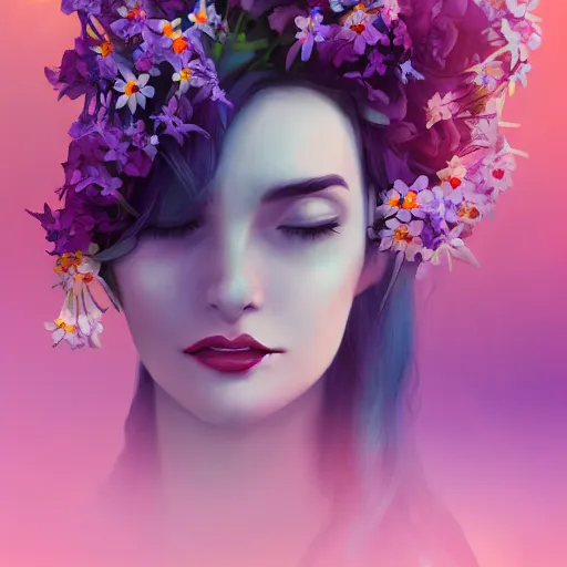 Image similar to a picture of a dreaming woman with flowers grow out of hair, roses peonies forget-me-nots dahlias lupins gladioli, sky theme in background, Digital Art, Trending on artstation