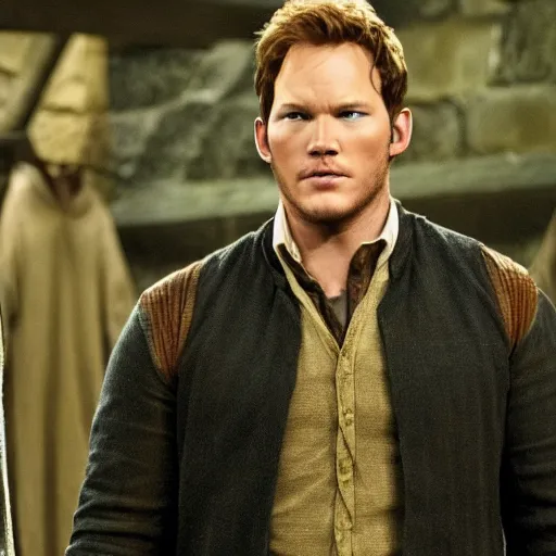 Prompt: Chris Pratt in the movie Harry Potter And The Prisoner Of Azkaban, dueling with Malfoy