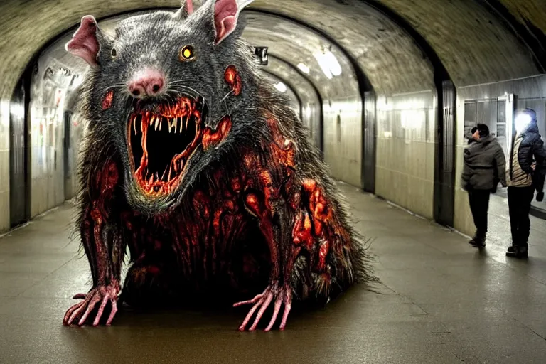 Prompt: very large giant mutant zombie irradiated ( angry rat ) staying on railways in tonnel of moscow subway. tonnel, railways, giant angry rat, furr, fangs, very realistic. extreme long shot, rusty colors, anish kapoor, ( herman nitsch, giger ).