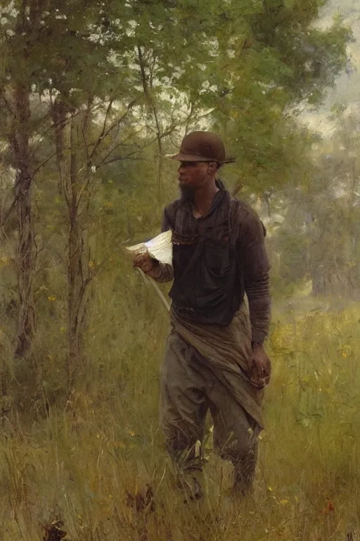 Prompt: Solomon Joseph Solomon and Richard Schmid and Jeremy Lipking painting full length portrait painting of a young man going to work in the field