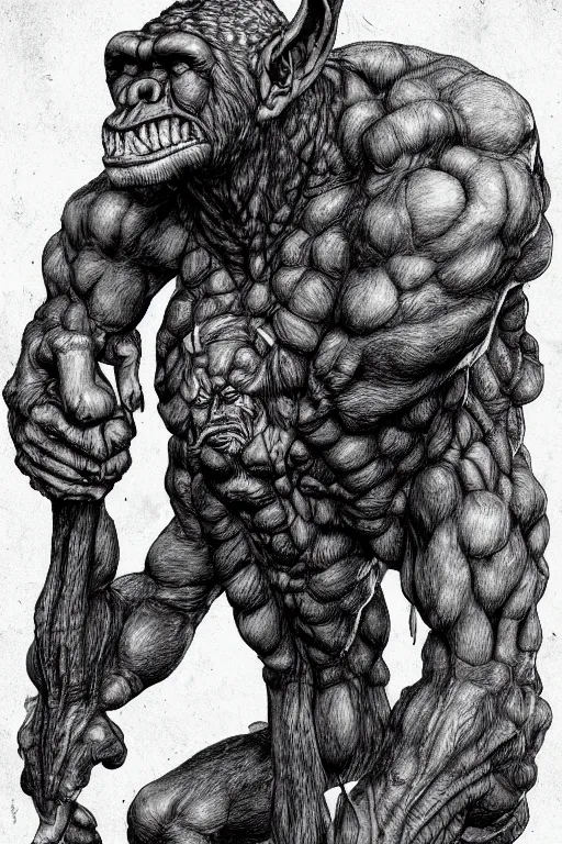 Image similar to humanoid hunched figure troll with 1 horn, ogre, ape, highly detailed, digital art, sharp focus, trending on art station, kentaro miura manga art style