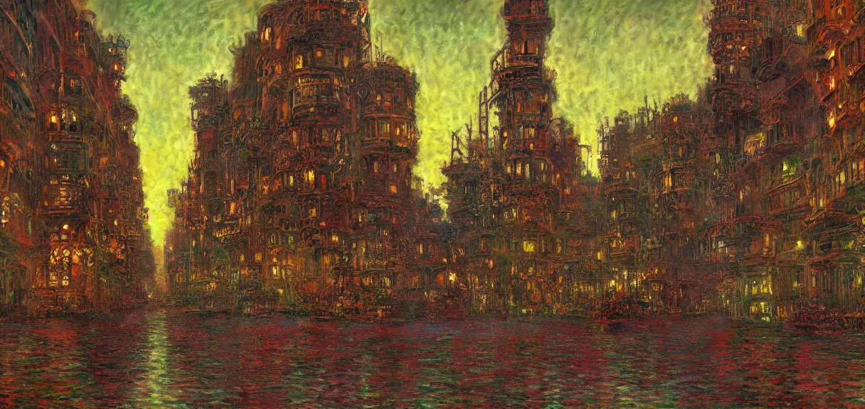 Prompt: a steampunk city in the style of claude monet, digital art.