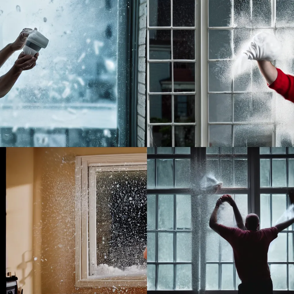 Prompt: A man throwing an open cylinder of baking soda through a shattering window with baking soda spraying everywhere inside, 4k, realistic, cinematic