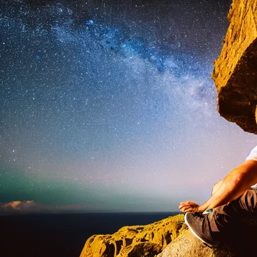 Image similar to man sitting on cliff looking at galaxy