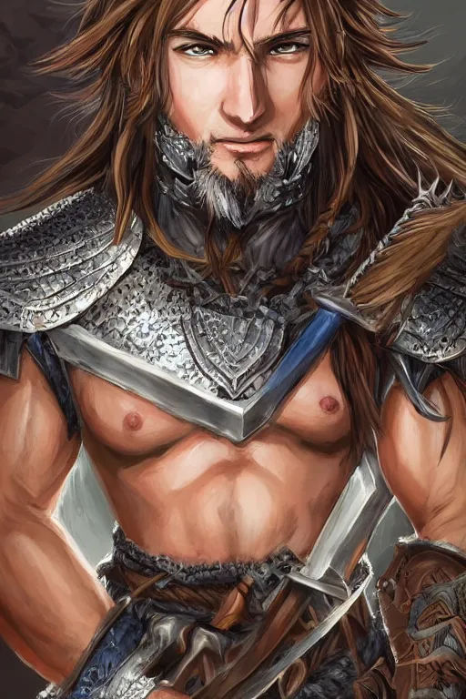Prompt: A realistic anime portrait of a young handsome male barbarian with long wild hair, intricate fantasy spear, plated armor, D&D, dungeons and dragons, tabletop role playing game, rpg, jrpg, digital painting, by Ayami Kojima and Yusuke Murata, digtial painting, trending on ArtStation, SFW version